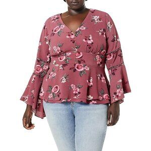 NEW $79 City Chic Womens Plus 24 Top Secret Floral Blouse Bell Sleeve Shirt Top